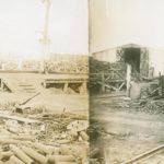 La récupération n’est pas un concept nouveau! Vue sur la cour de triage de l’acier. Au centre le bâtiment de la fonderie et à droite le bâtiment du magasin. On y voit aussi la voie ferrée. La compagnie possède sa propre locomotive.