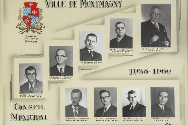 Le conseil municipal de 1958 à 1960. Maire: Louis-O. Roy. Conseillers: Roméo Caron, Adolphe Corneau, Patrice Corriveau, Marcel Desjardins, Léo Laberge, Robert Morin, Laurent Paquet. Greffier: René Côté.